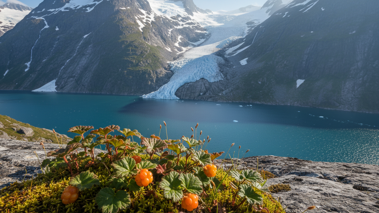 Scenic view of a mountain landscape with a glacier and a lake, featuring orange berries in the foreground.