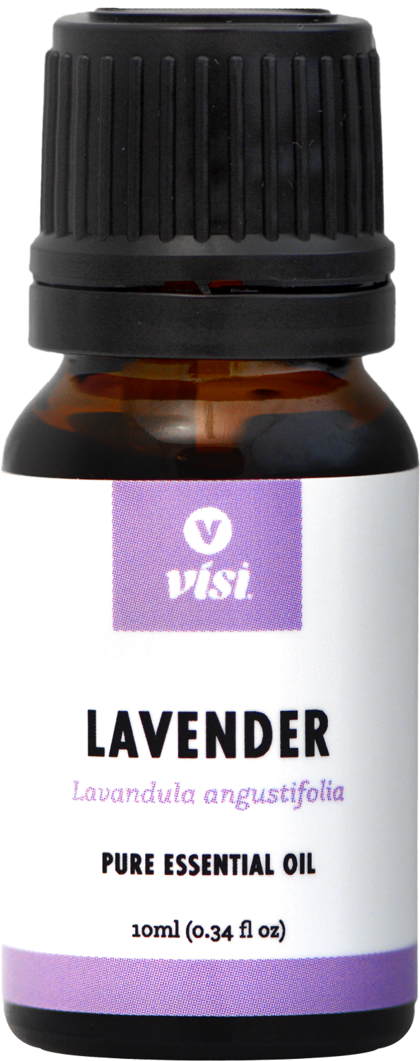 Bottle of visi lavender essential oil with a black cap on a white background