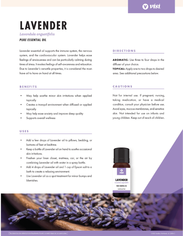 Lavender essential oil bottle with usage instructions on a branded background